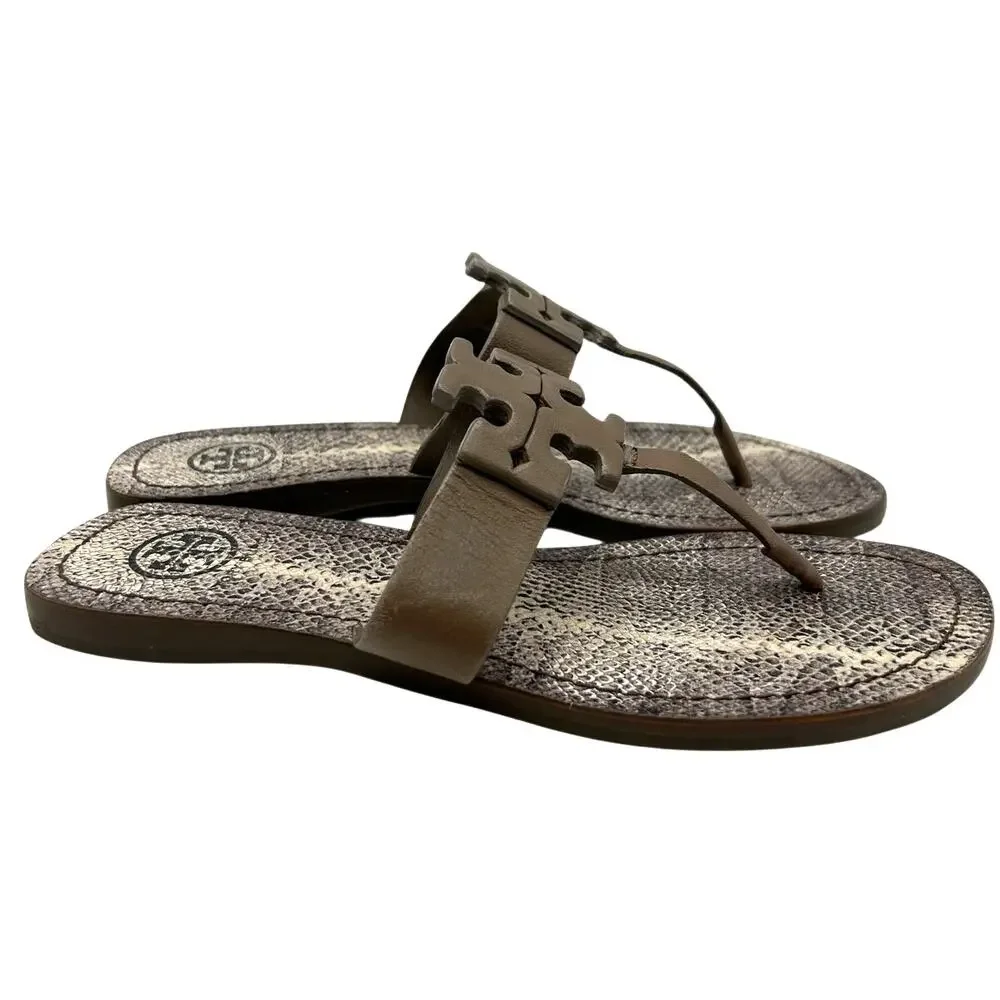 Tory Burch Miller Embossed Leather Snake Print Thong Sandal Logo Size 6 Designer